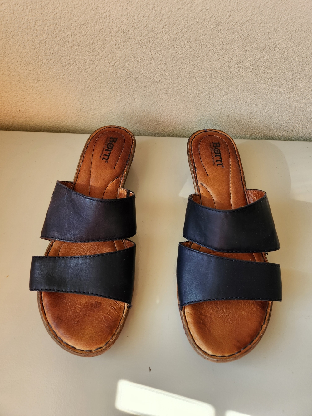 Born Navy Leather Double-Strap Slide Sandals